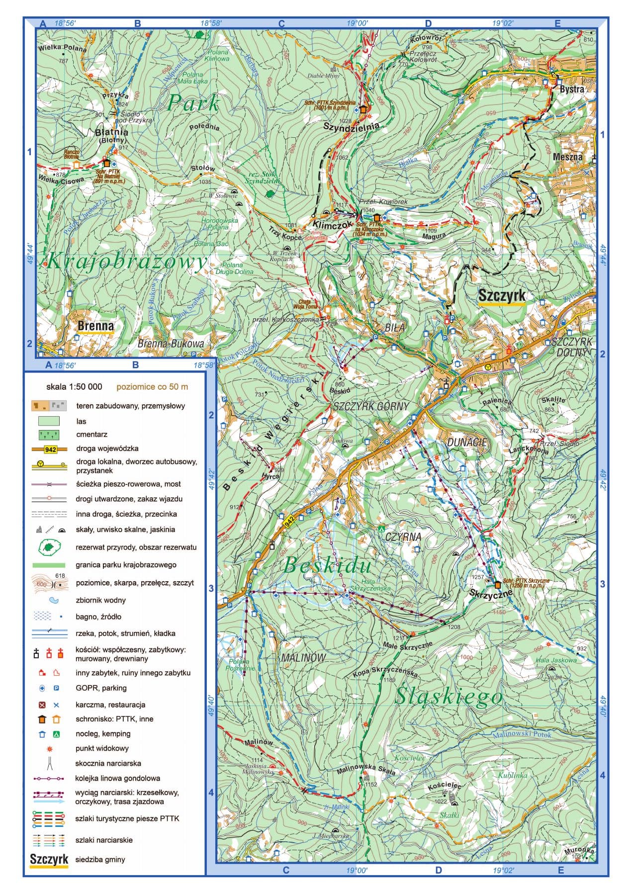 Mapa szczegółowa fragmentu Beskidu Śląskiego w skali 1:50 000, z siatką pól A–E i 1–4, szlakami, poziomicami, schroniskami i miejscowościami.