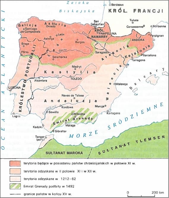 Mapa etapów odzyskiwania Półwyspu Iberyjskiego przez państwa chrześcijańskie od XI do XV wieku.