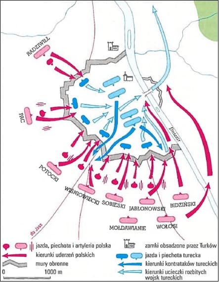 Plan bitwy pod Chocimiem z wojskami polskimi i tureckimi oraz rzeką Dniestr.