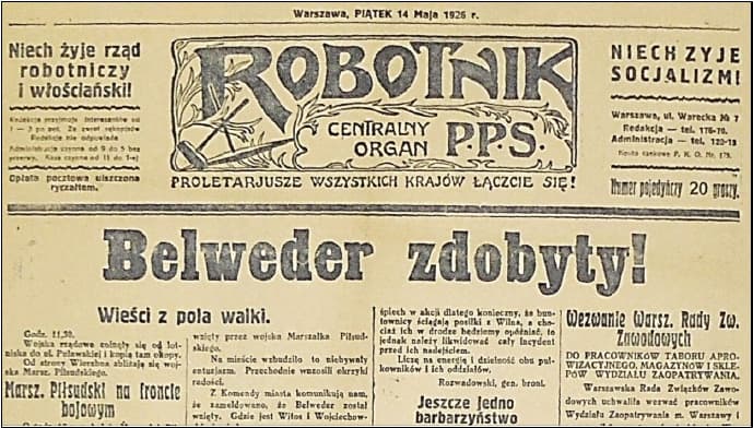 Pierwsza strona „Robotnika” z 14 maja 1926 roku z nagłówkiem „Belweder zdobyty!”.