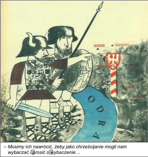 Okładka „Szpilek” z 1966 roku, przedstawiająca Krzyżaka i żołnierza niemieckiego przy słupie granicznym na Odrze.