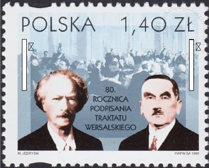 Polski znaczek pocztowy z Ignacym Janem Paderewskim i Romanem Dmowskim na 80. rocznicę traktatu wersalskiego.