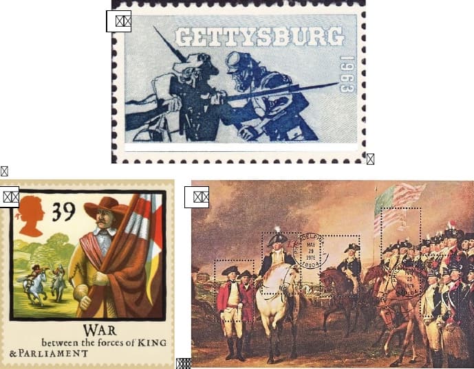 Trzy znaczki: A z napisem Gettysburg 1863, B dotyczący wojny króla z parlamentem oraz C z przedstawieniem wojsk z epoki walk o niepodległość USA.